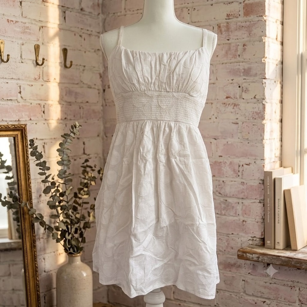 Y2K B. Smart White Dress Sleeveless Polka Dots‎ Cotton Blend Boho Festival M